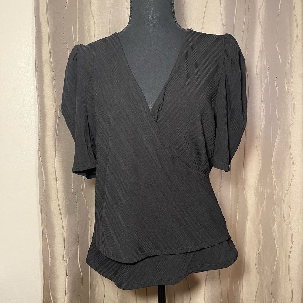 Black Short Sleeve Pull On Blouse with Faux Wrap